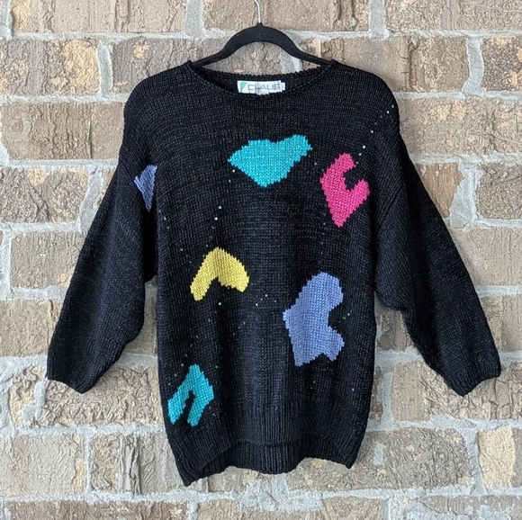 VTG 80s Chaus Abstract Heart Fish Colorful Knit Sweater Silk Large Black - Picture 1 of 7